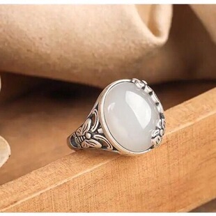 复古时尚个性设计蝶恋花戒指女镶嵌和田玉优雅气质开口食指银指环