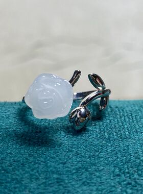 复古原创白色石玫瑰花国潮跨境供应开口指环女款典雅古朴气质戒指