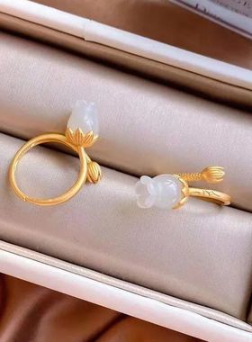 复古中式花朵白玉合金镀金活口戒指玉兰花食指戒女款民族风指环礼