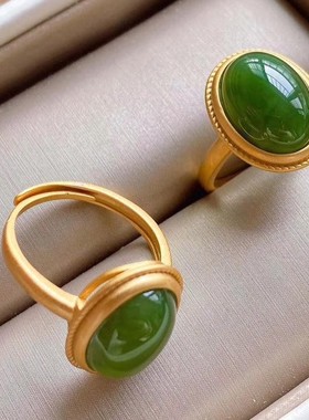 古法金镶嵌天然碧玉女款活口金色复古中国风可调节胖手大号戒指