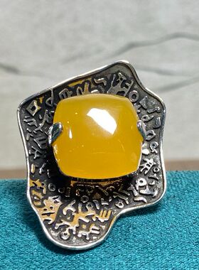 泰国纯手工雕琢黄色石戒指 复古风精致夸张 老钱风典雅古朴百搭款