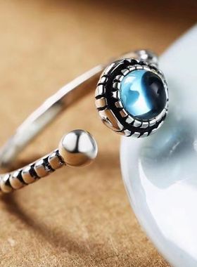 原创设计蓝色复古水晶原石雕花指环精致个性时尚气质百搭戒指女款