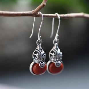 【福禄】纯银耳环S925银复古时尚南红玛瑙耳坠耳饰葫芦中式文艺女