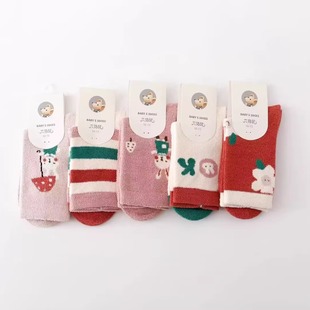 六指鼠新款男女童秋冬季保暖珊瑚绒儿童卡通中大童学生长袜子