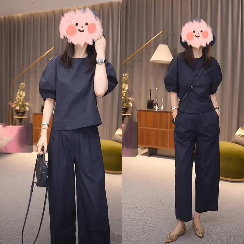 休闲日常通勤套装2025夏季新款灯笼袖衬衫宽松百搭直筒裤两件套女