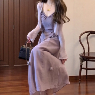 女 初夏穿搭一整套大码 胖mm紫色开衫 吊带连衣裙子法式 漂亮独特套装
