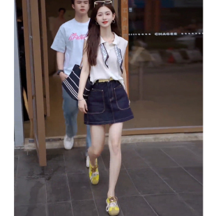 一整套女小个子polo领丝巾无袖 2025超火夏装 上衣牛仔半身裙两件套