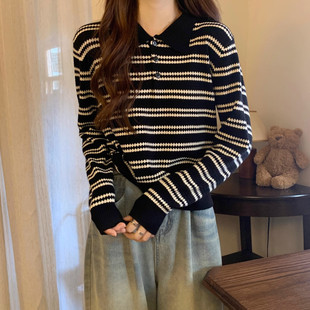 长袖条纹打底针织衫毛衣女秋大码胖mm显瘦遮肚子正肩Polo领上衣
