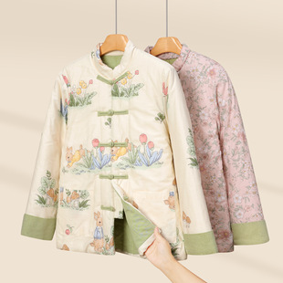 外套国风保暖印花盘扣棉衣 丝棉棉服中式 冬季 2025棉袄女士棉衣新款