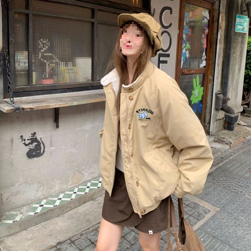 刺绣美式毛毛棉服女新款冬季小个子夹克棉衣超好看羊羔毛外套