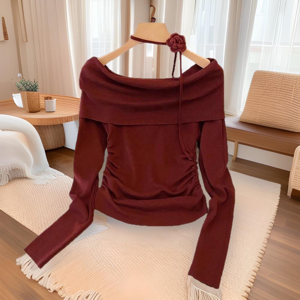 一字肩收腰长袖针织衫女