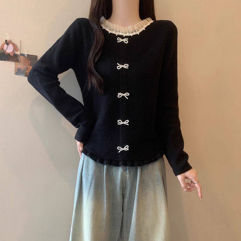 法式拼接蕾丝花边针织开衫女秋冬款红色新年毛衣修身显瘦长袖上衣