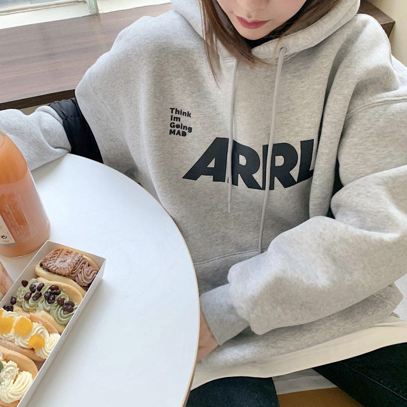 灰色连帽卫衣女秋冬季情侣宽松慵懒风外套2025新款加绒上衣服潮可