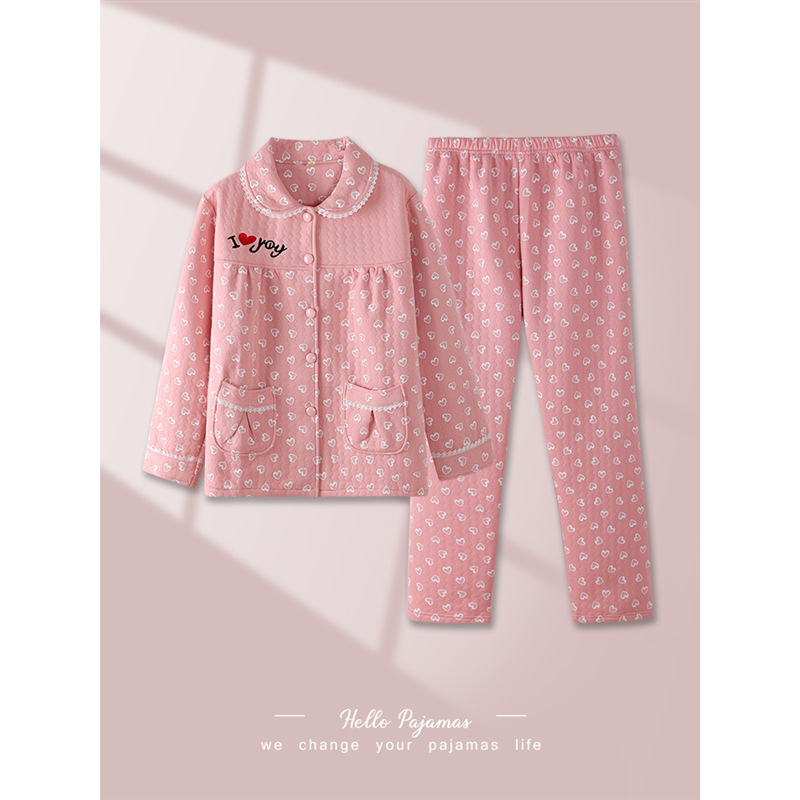 空气棉夹层睡衣女秋冬100%纯棉长袖加厚保暖三层夹棉家居服套装