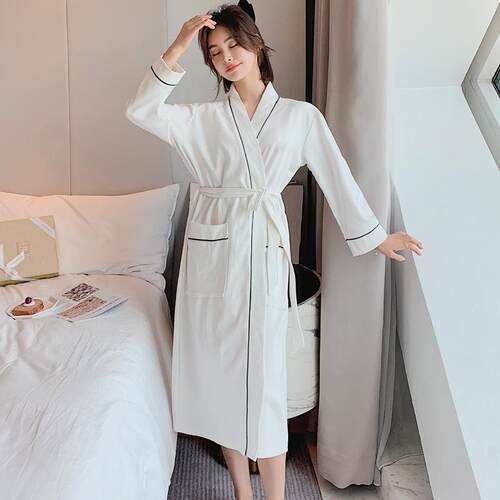 美梦白色睡袍男女浴服纯棉长袖春秋夏季加大码长款睡衣美容
