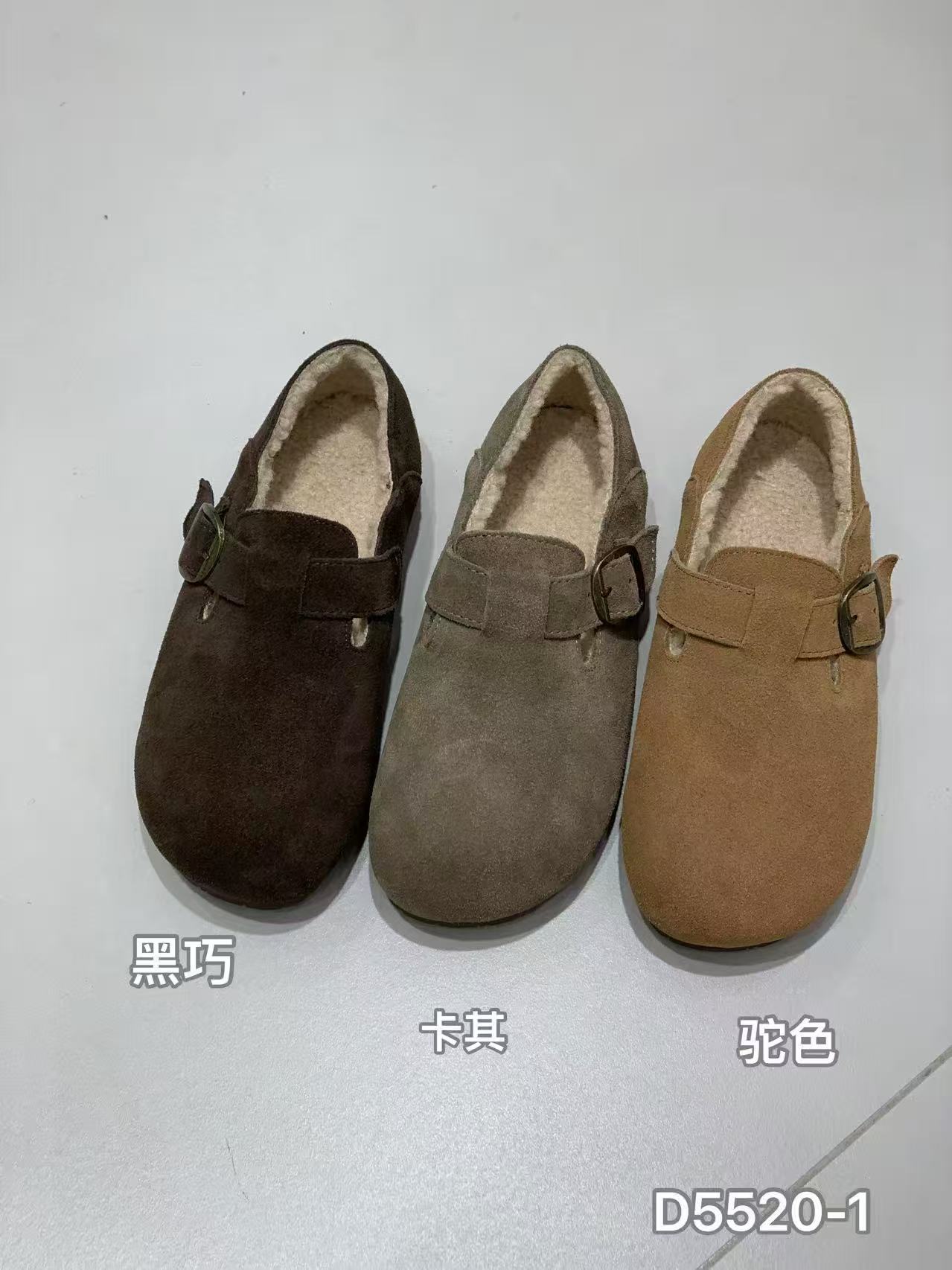 可千凡勃肯鞋女2025冬季新款真皮平底加绒休闲鞋包头女棉鞋5520-1图片