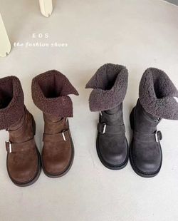 EOS粗跟加绒雪地靴女鞋2025新款冬季保暖棉鞋毛毛棉靴瘦瘦小短靴