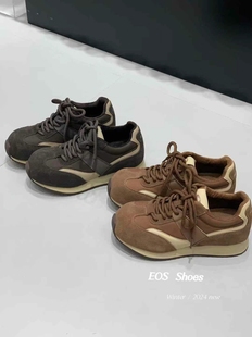 棕色37.38特价EOS复古加绒阿甘棉鞋女冬季系带休闲拼色增高德训鞋