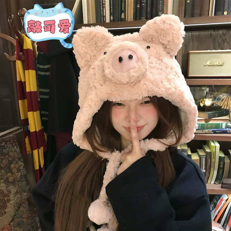 毛茸茸防寒帽子围巾一体可爱女款2025新款秋冬季保暖氛围感包头帽