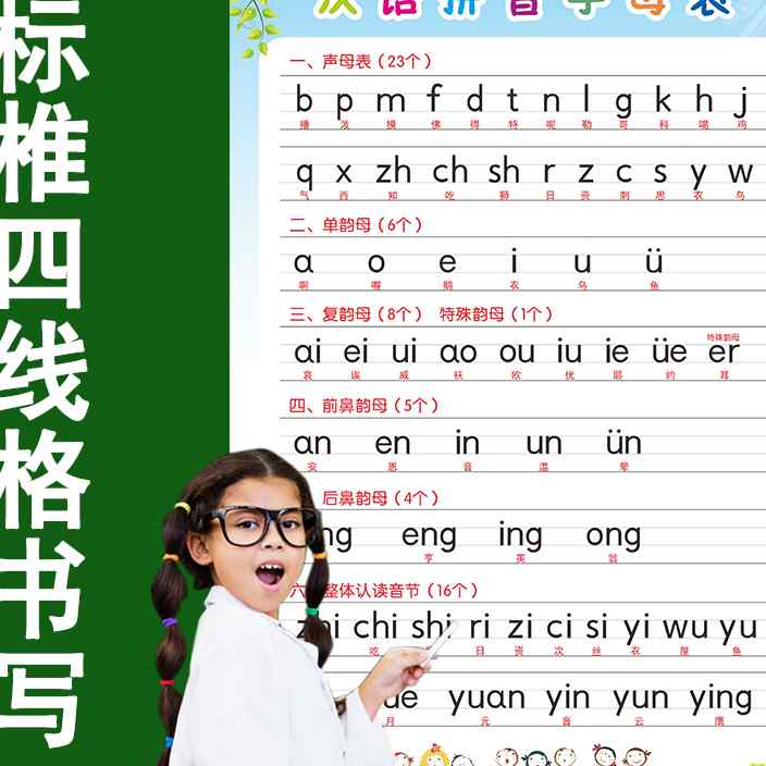 儿童学认识汉语拼音字母四线版挂图墙贴单韵母复韵母拼音认读无声