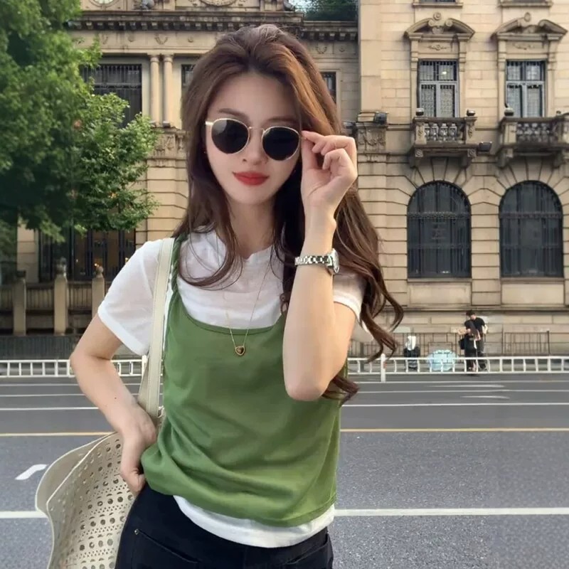 韩系绿色假两件正肩短袖T恤女夏季设计感小众独特绝美不撞款上衣