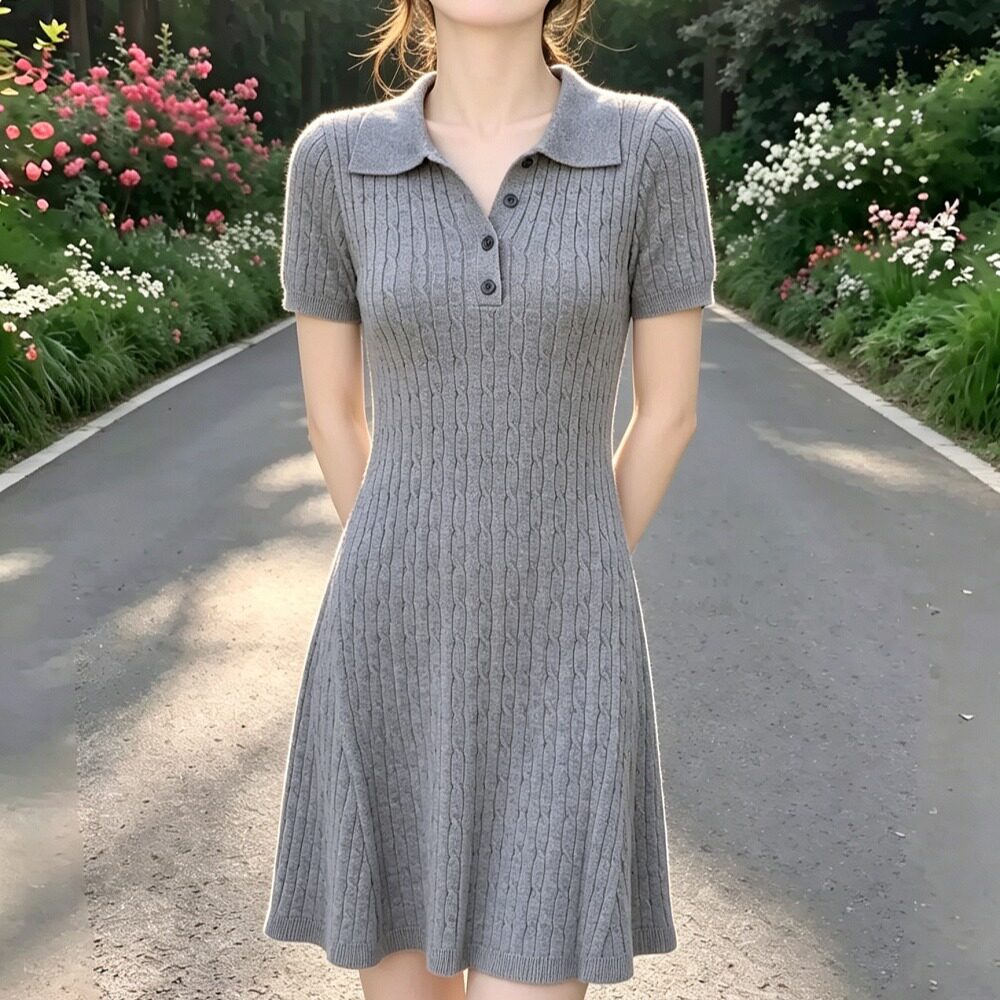 2026年夏季新款气质高级感灰色针织短袖连衣裙女Polo领麻花短裙子
