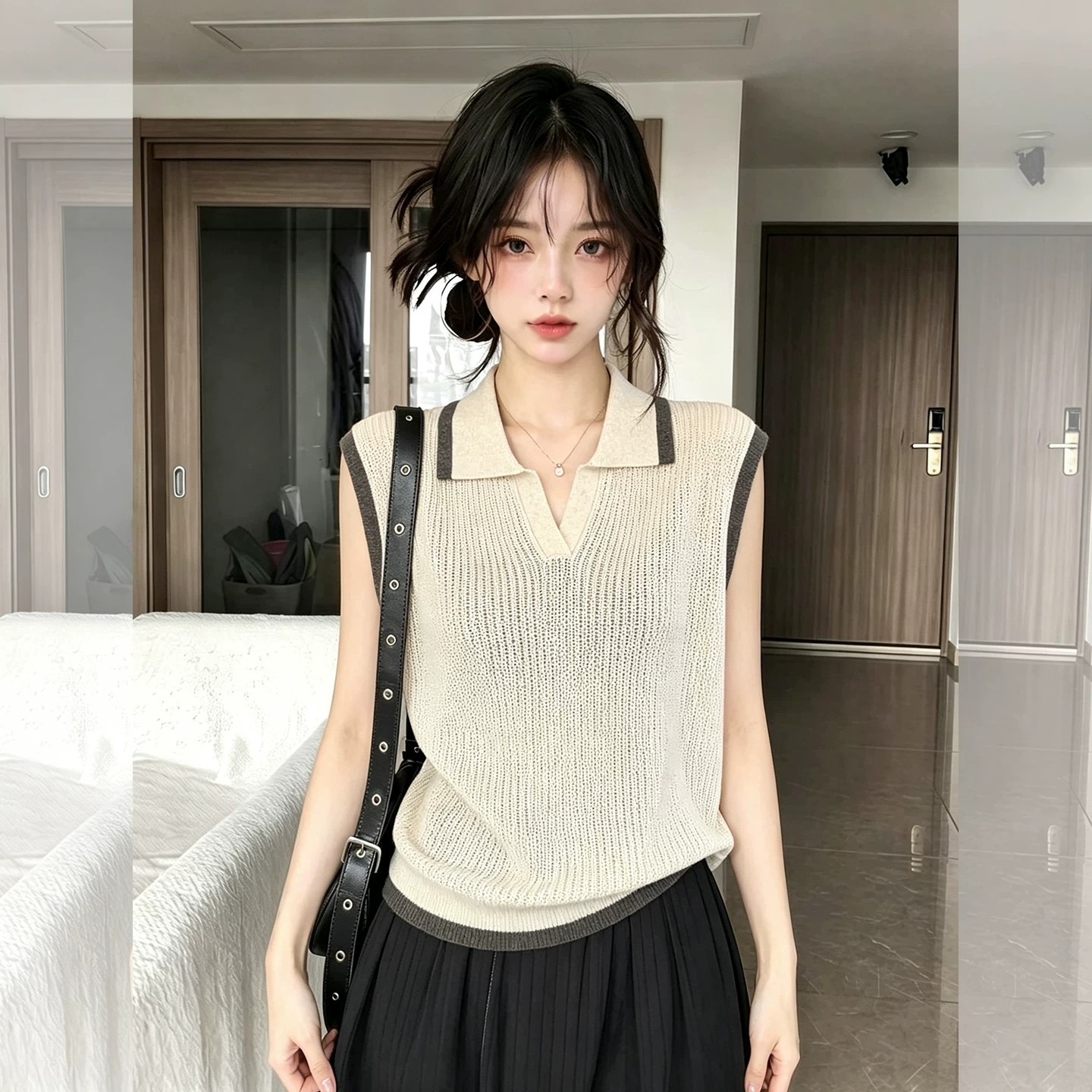 镂空Polo领杏色针织背心女夏慵懒松弛感穿搭宽松百搭无袖t恤上衣