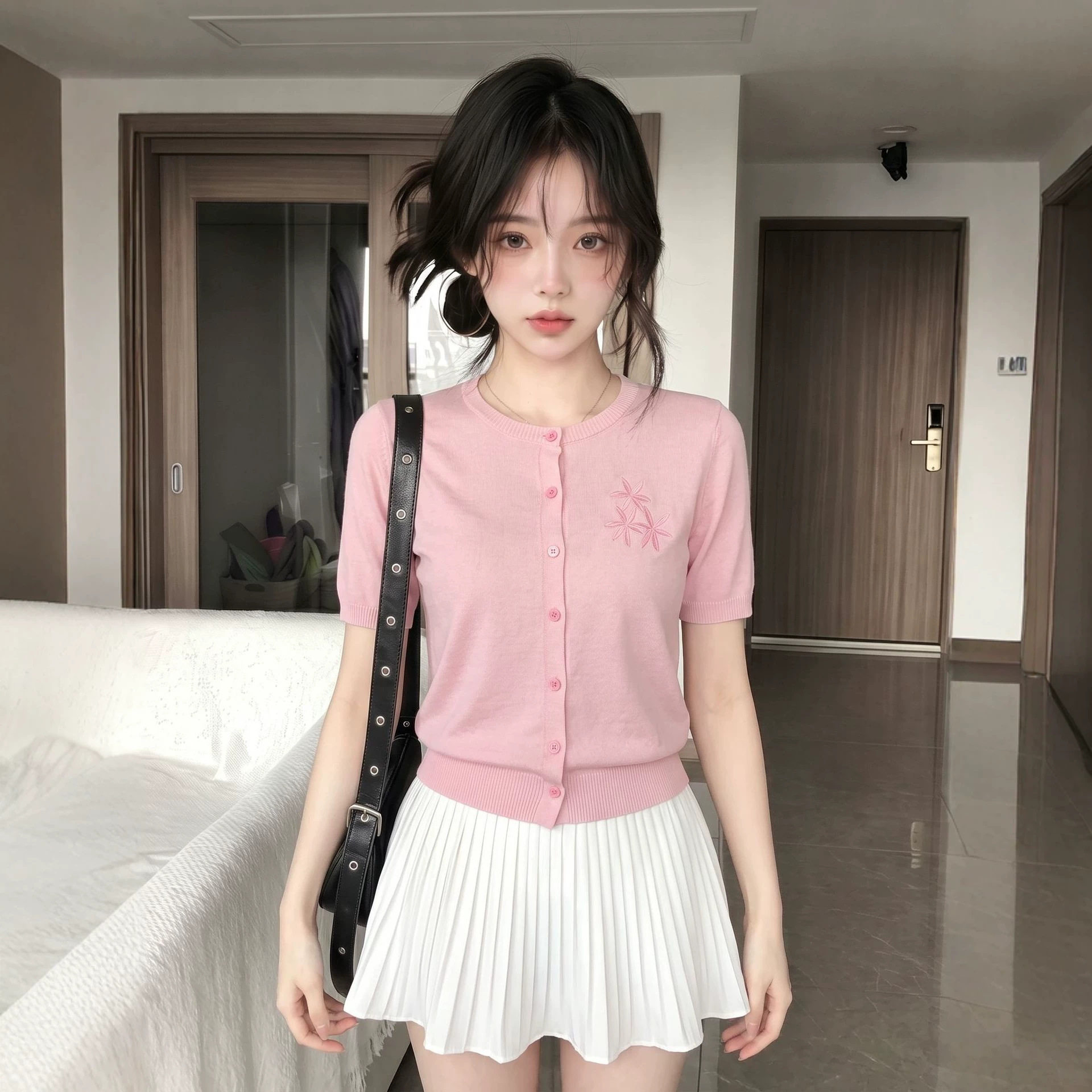 夏日巨好看的精致设计感女绝美粉色提花冰丝针织正肩短袖t恤上衣
