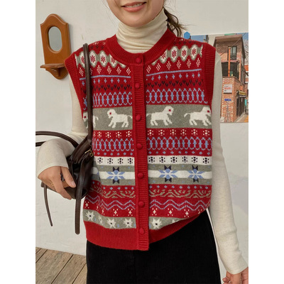 百搭针织马甲~费尔岛提花无袖开衫复古动物图案背心毛衣坎肩ZEZ