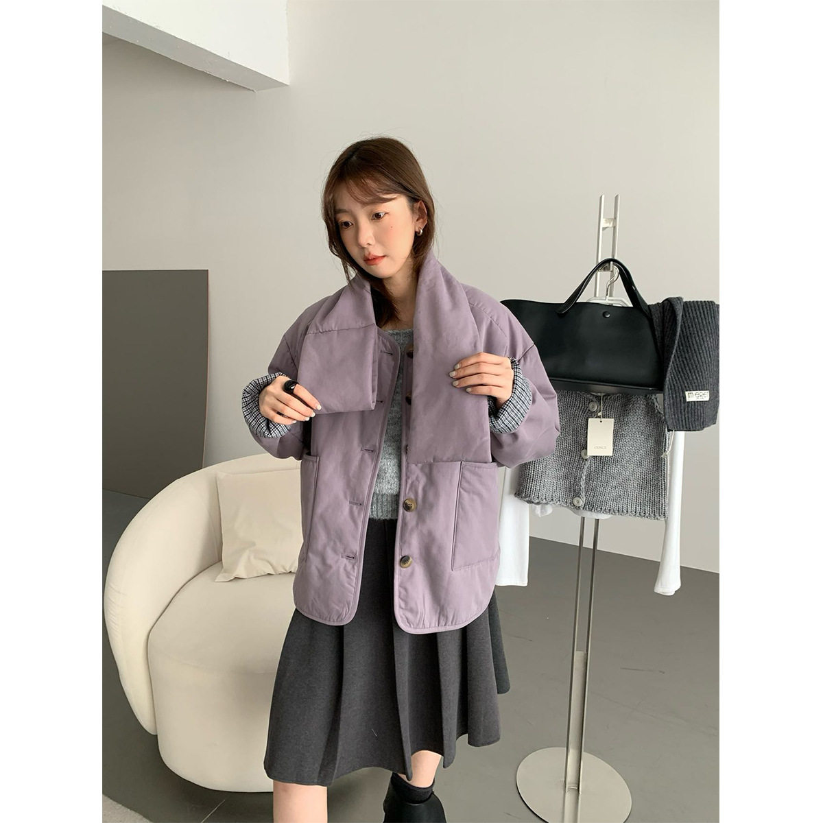 可拆卸围脖圆领棉服翻边格纹袖口宽松大口袋短款外套氛围感ZIF,女装/女士精品,短外套,淘宝优惠券,粉丝福利购,淘宝优惠卷