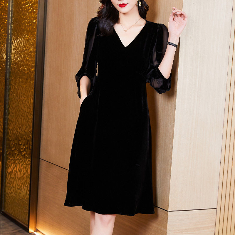 【中长款】真丝丝绒连衣裙秋款V领拼接透视七分袖中长裙一件代发