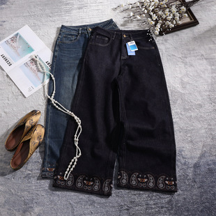 2025深圳南油精品牛仔裤 国风腰果花重工刺绣九分直筒阔腿裤秋冬