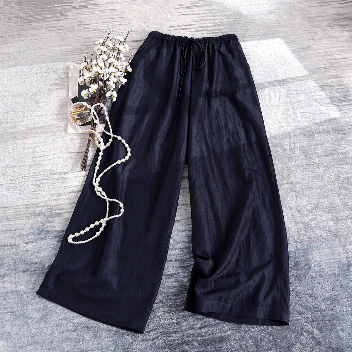 南油2025春款天丝牛仔裤女松紧腰抽绳时尚宽松显瘦百搭休闲阔腿裤