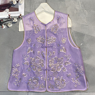 新中式国风真丝欧根纱马甲夏季新款金丝线刺绣薄款坎肩中国风马夹