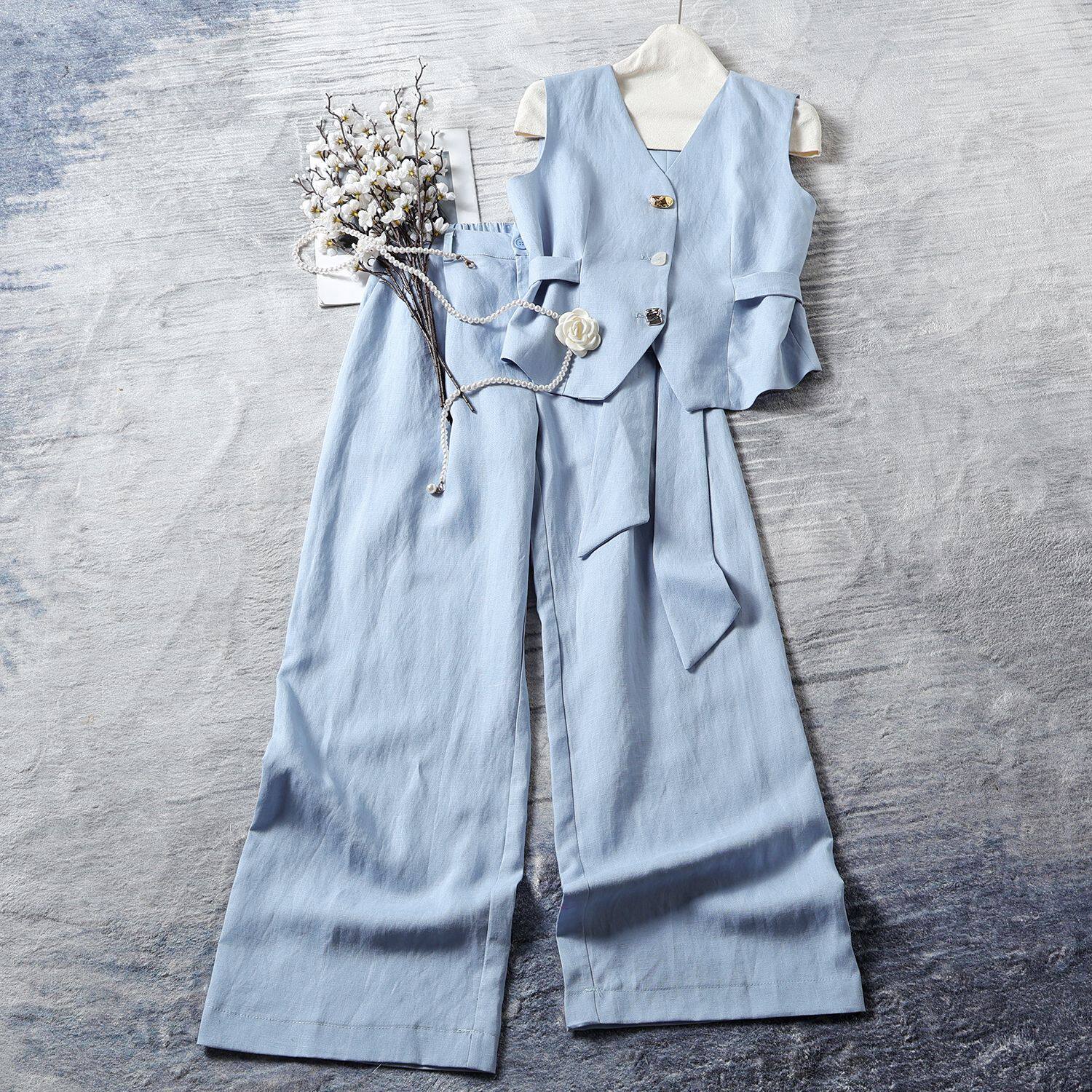 高端南油女装新款老钱风气质轻奢高级感亚麻无袖马甲套装女装春装