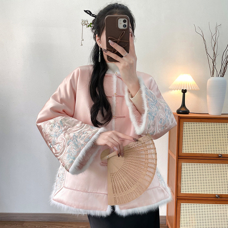 2025新中式宽松复古高端外套水貂毛国风老钱风拼接醋酸棉服女6283