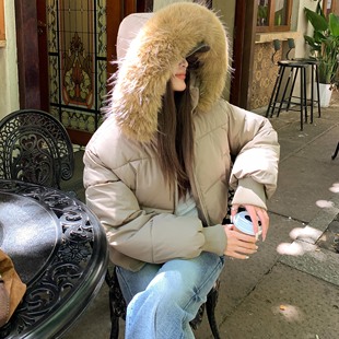 毛领连帽羽绒棉服收腰加厚短款 冬季 棉衣女 ins棉服时尚 实拍Skk
