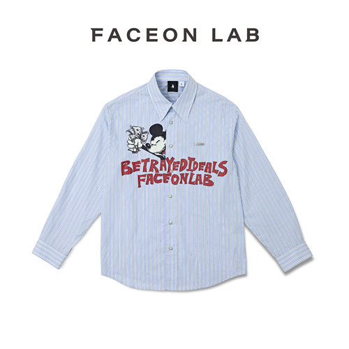 FACEON LAB 米奇图案美式复古条纹男女长袖衬衫