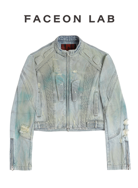 【王栎鑫同款】FACEONLAB 浅蓝色阿基拉牛仔机车水洗擦色牛仔夹克