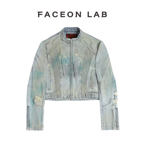 【王栎鑫同款】FACEONLAB 浅蓝色阿基拉牛仔机车水洗擦色牛仔夹克