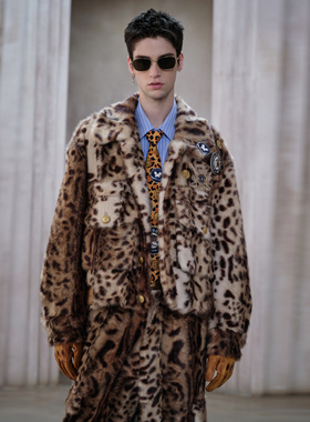 FACEONLAB原创设计豹纹仿皮草毛裘加厚2025秋冬明星同款外套