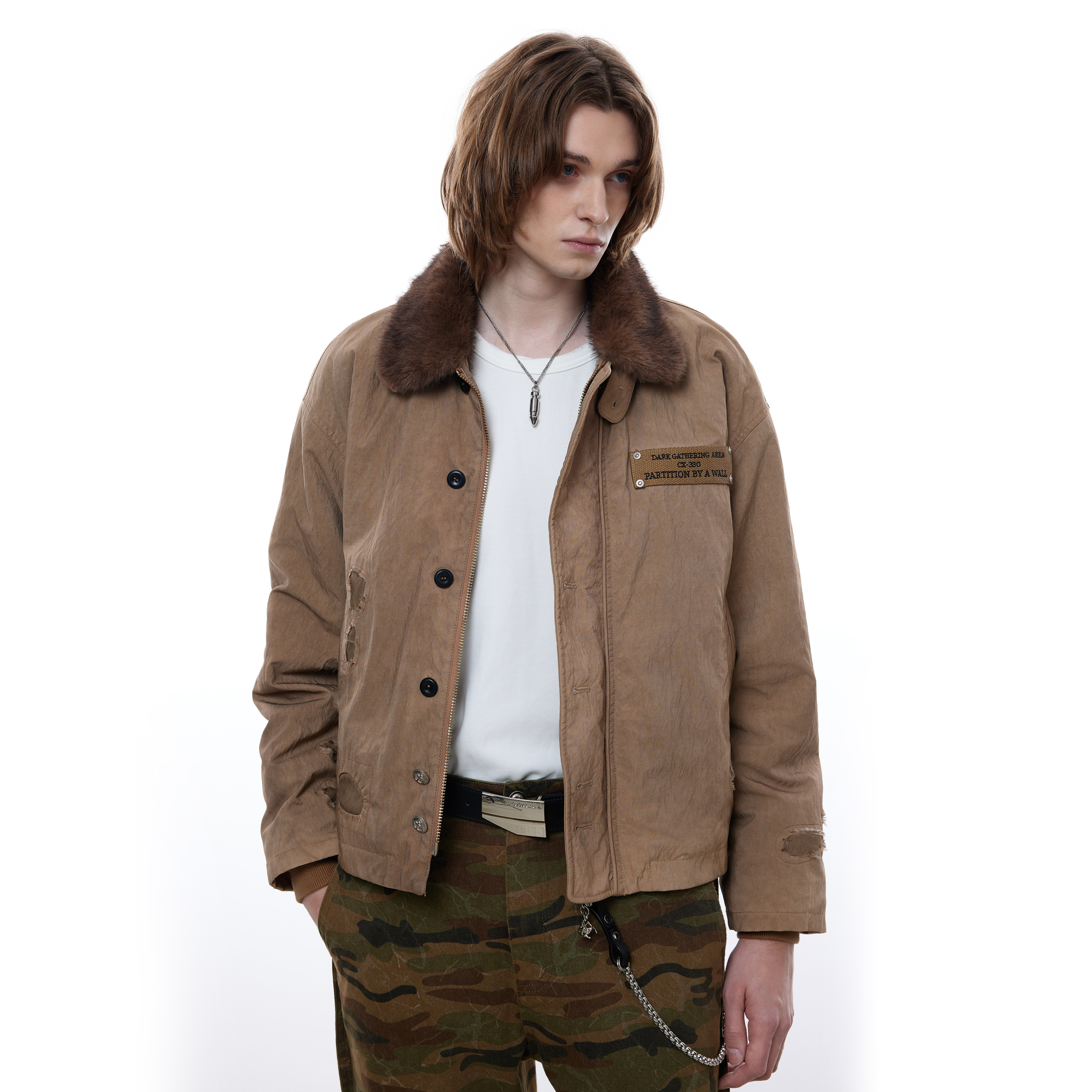 FACEONLAB  N1破坏甲板服两面穿时尚抓绒毛领秋冬仿皮草外套男