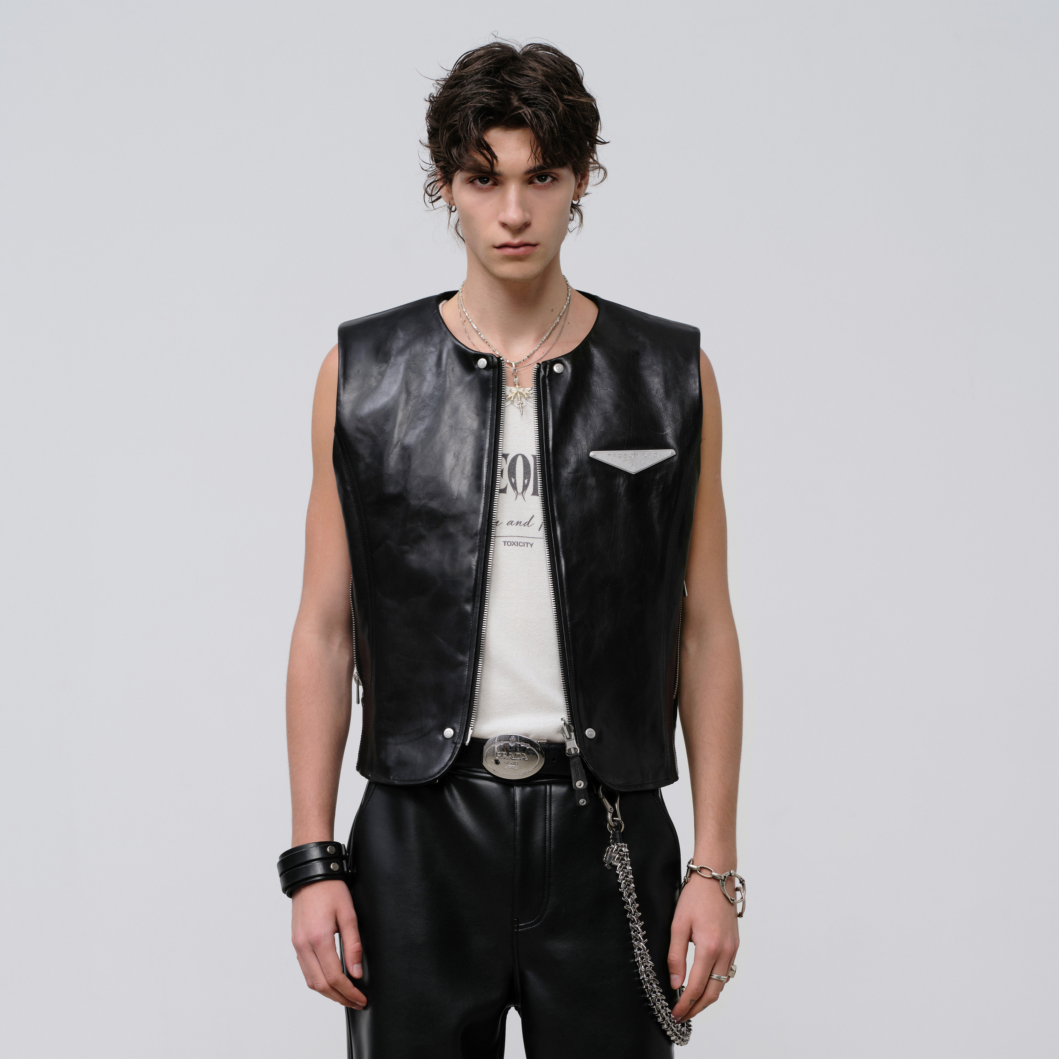 FACEONLAB原创双面穿设计师款百搭蛇纹时尚潮流朋克风拉链皮马甲