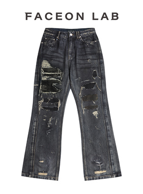 【丁禹兮同款】FACEONLAB喷色水洗涂鸦迷彩烂洞微喇牛仔裤