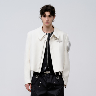 飞上来FACEONLAB原创金属臂章潜艇夹克白色拉链短款翻领男外套