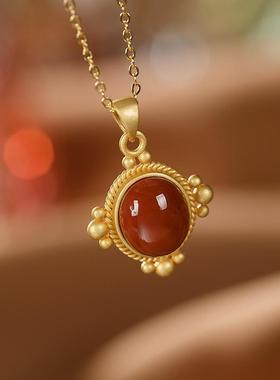 椭圆吊坠仿天然南红玛瑙纯银18k包金吊坠女中国风红色金镶玉项链