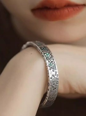 925银复古新中式彩贝几何涂鸦开口手镯子图腾珐琅做旧女小众设计