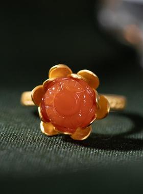 【红莲子】古法金复古天然玛瑙石莲花开口戒指女士指环