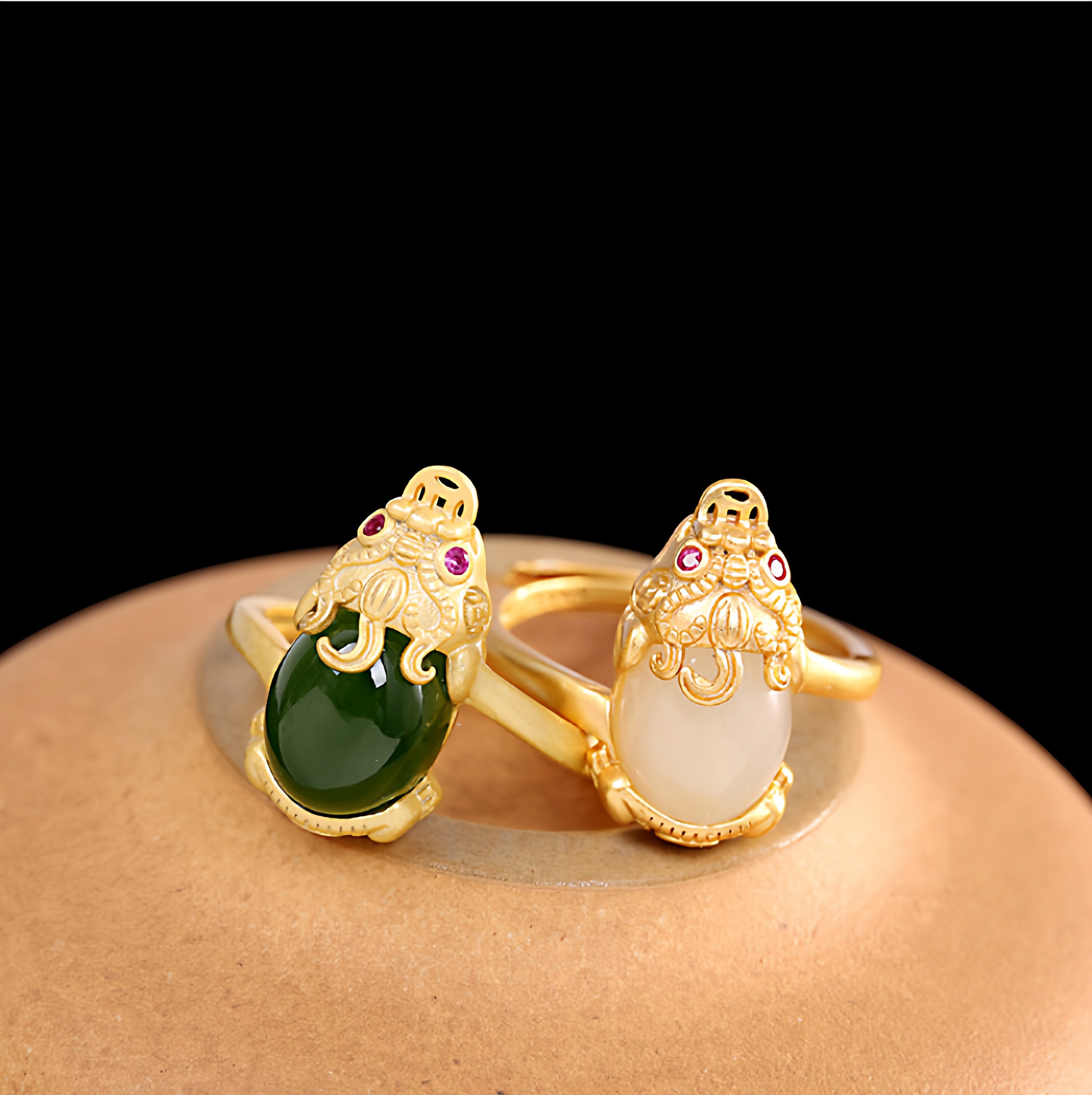 S925纯银仿和田玉金色貔貅戒指开口女款新中式指环时尚轻奢风手饰