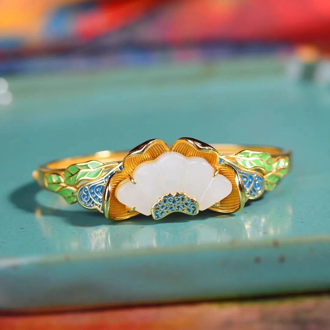 古典中国风仿和田玉莲花手镯镀S925纯银烧蓝镀金花朵手环复古饰品